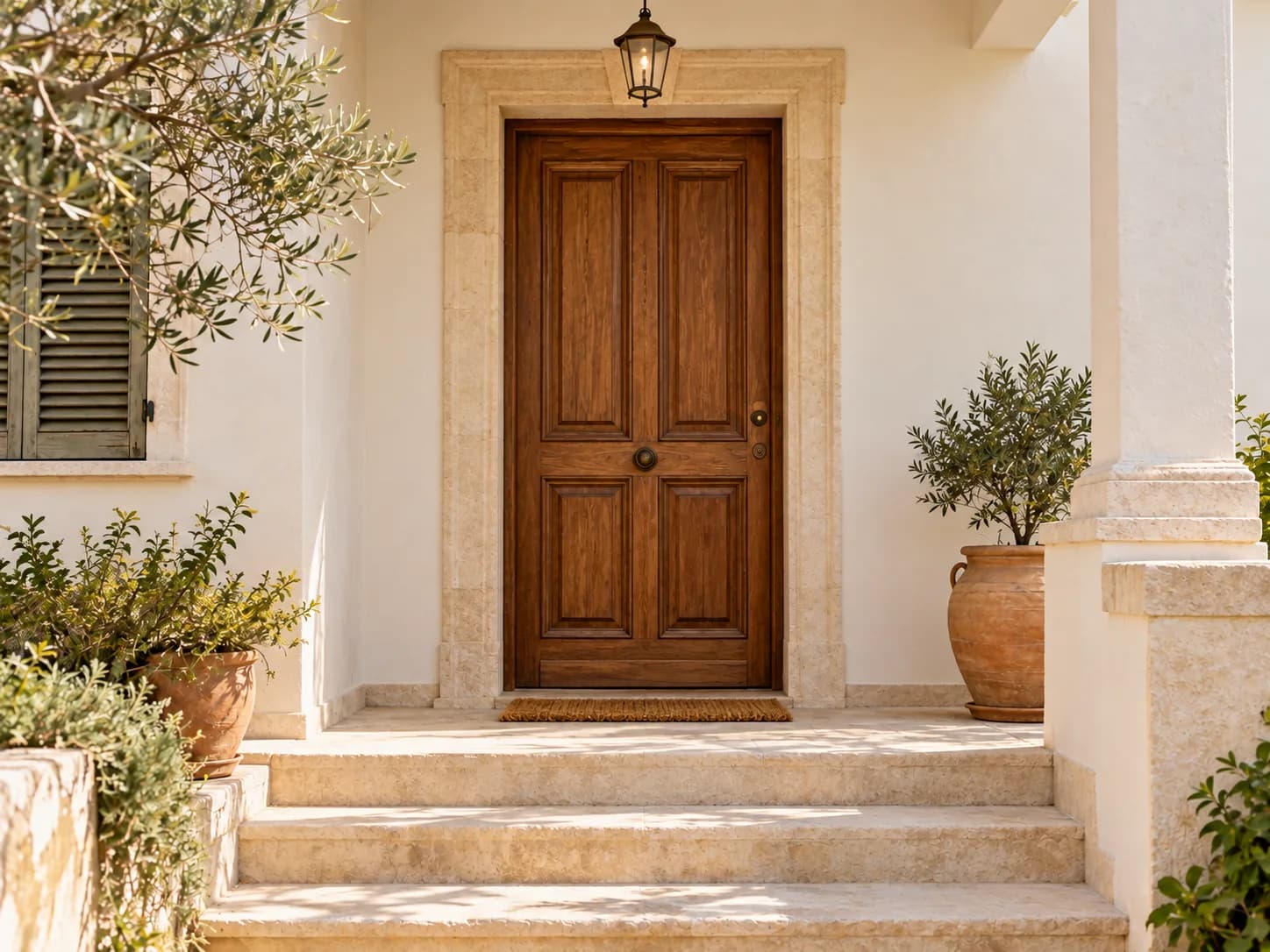 The same entrance after restoration, with a refinished door and repaired walls and steps
