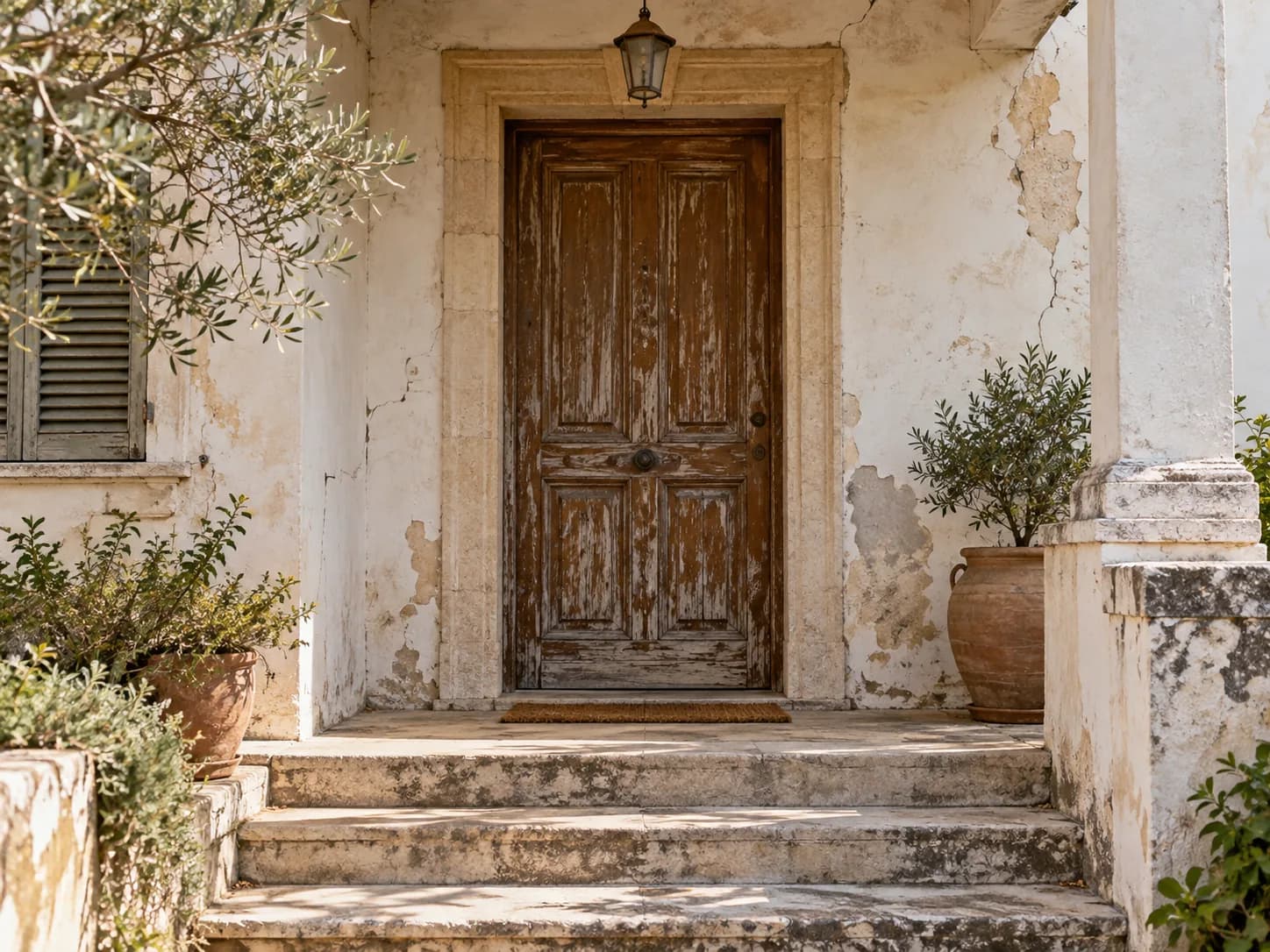 Weathered front door and worn stone entrance before restoration