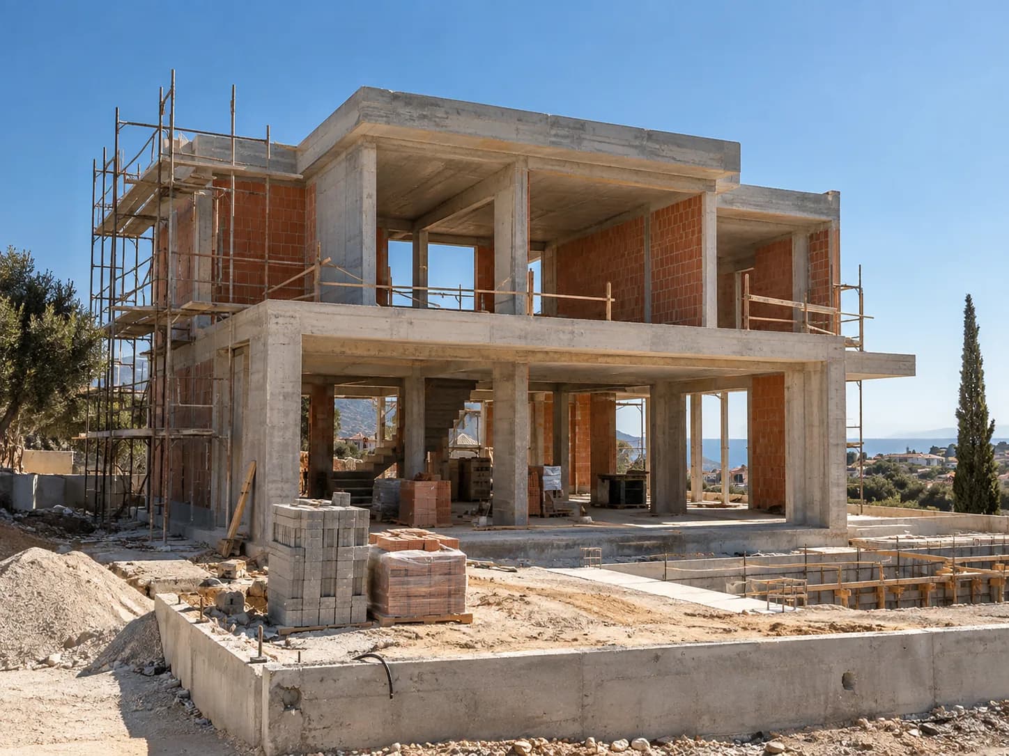 Concrete and brick house under construction