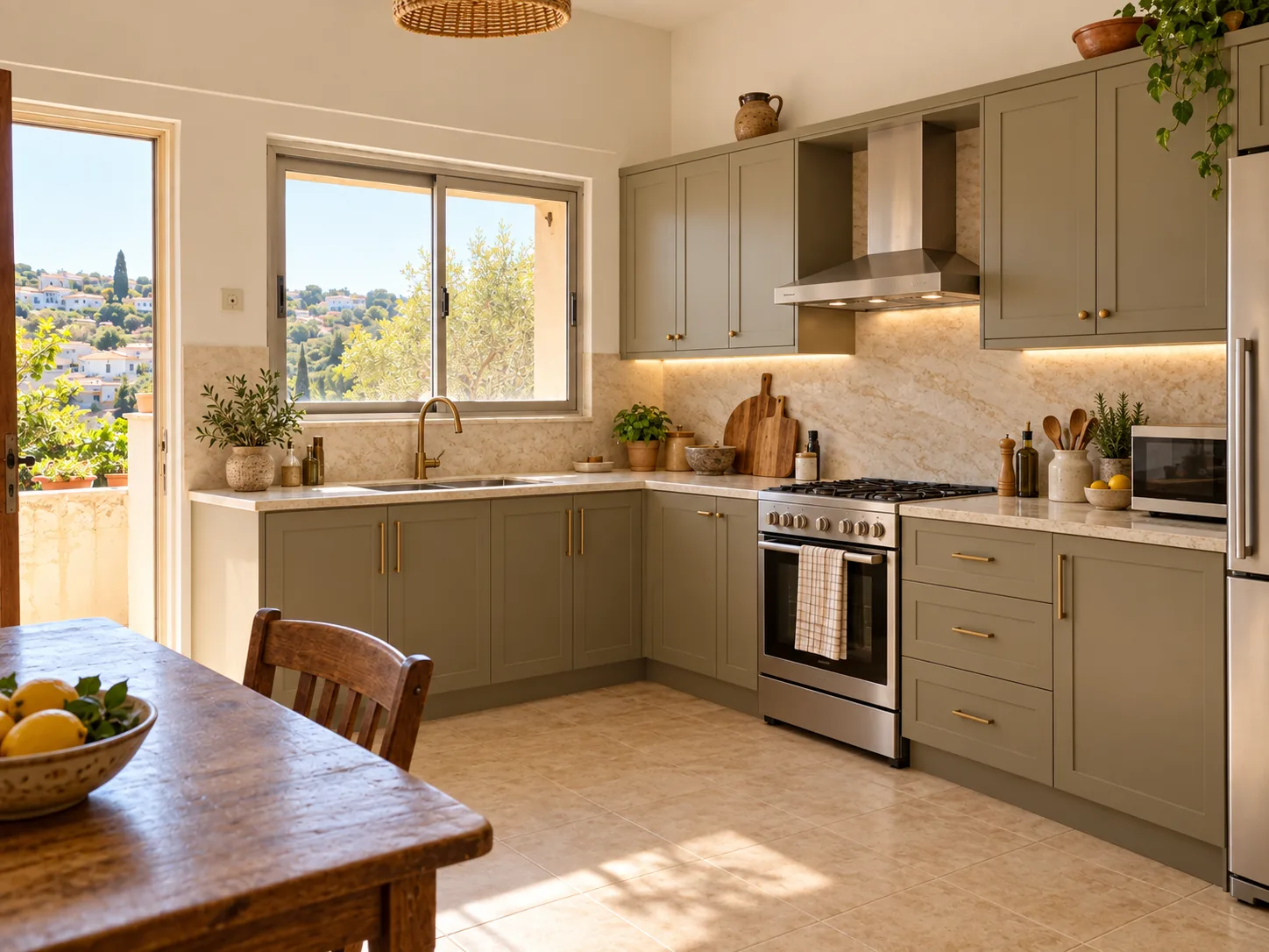 The same kitchen after renovation, with new cabinets, worktops and appliances