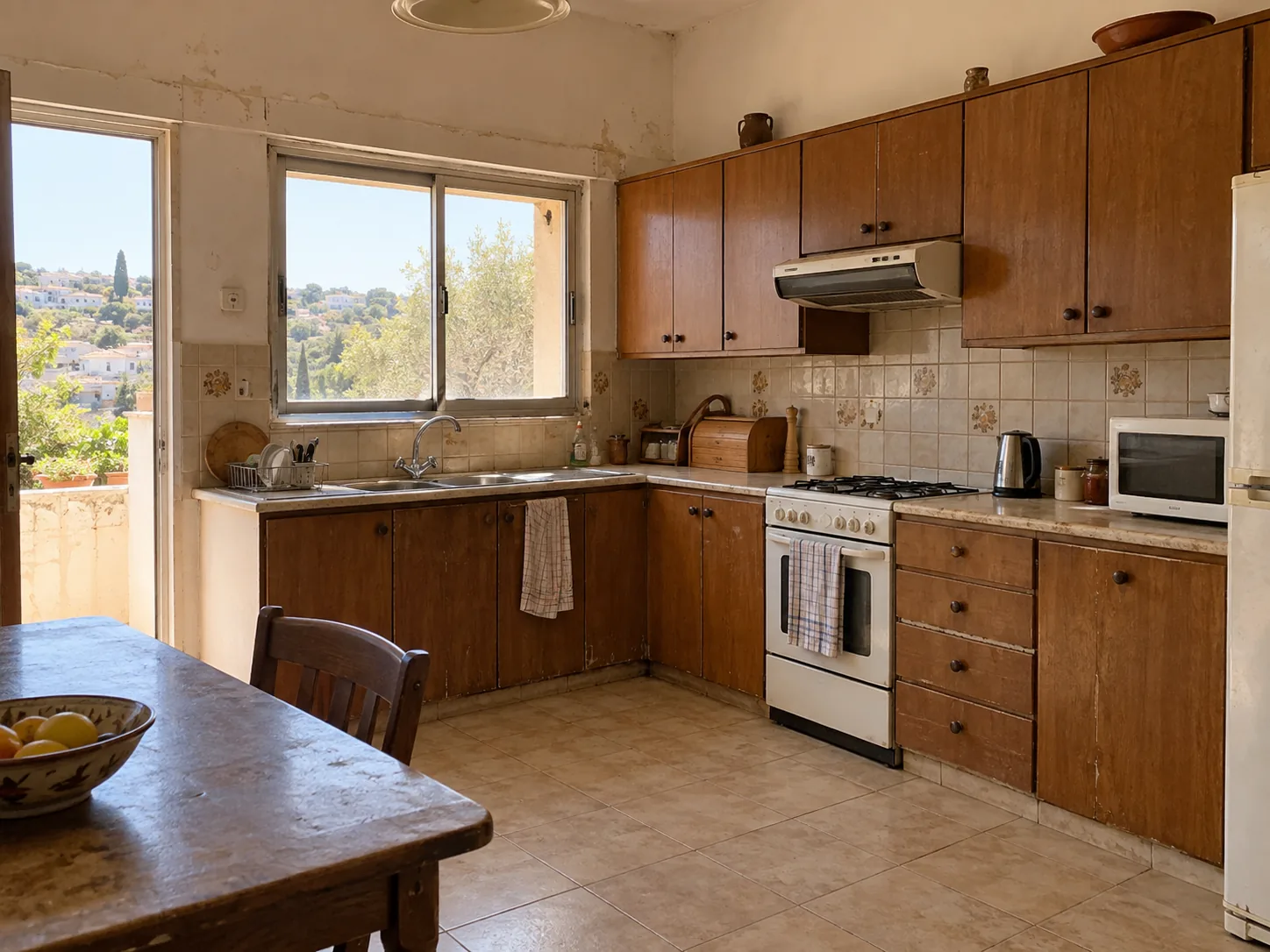 Dated kitchen with old cabinets, worktops and appliances before renovation